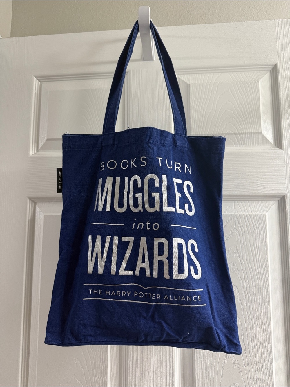 Out of Print Navy Tote with White Slogan